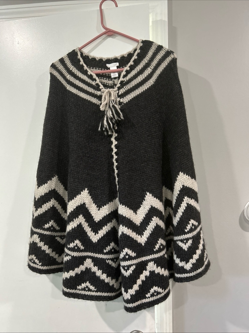 Boho Style J .Jill Black and Cream Wool-Blend Knit Poncho with Tassel Tie